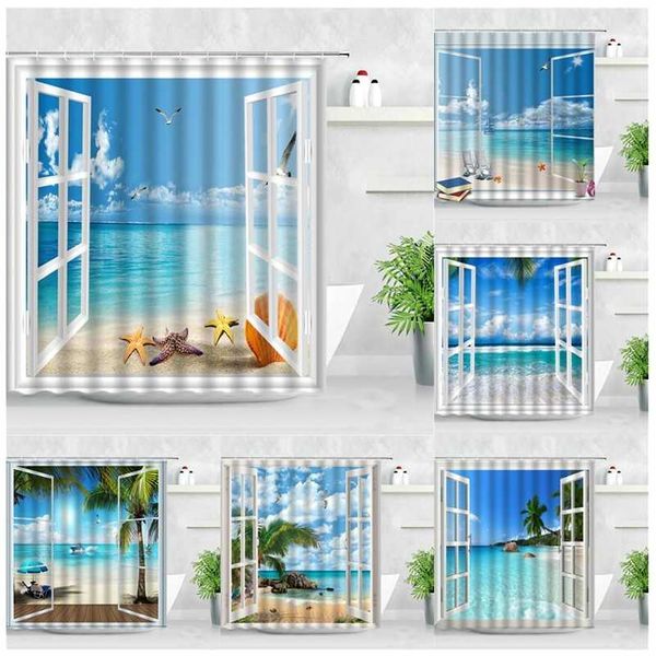 Tropical paisagem cortina de chuveiro 3d aberto janela oceano praia starfish starfish palmeira árvore cenário impermeável banheiro decoração cortinas 211116