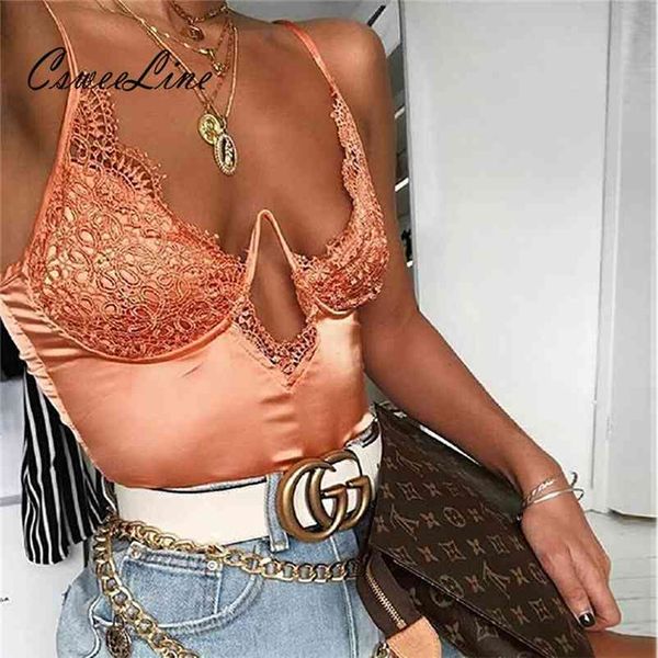 kant satijn uitgesneden vrouwen rompertjes sexy dames body suits chic streetwear zomer hol beugel push up cup bodysuits 210728