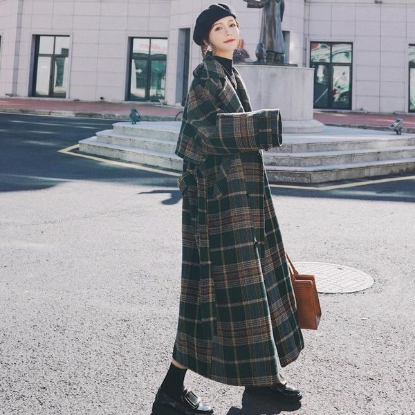 

women's wool & blends casual fashion loose plaid women coat double breasted woolen jacket turn-down collar and, Black