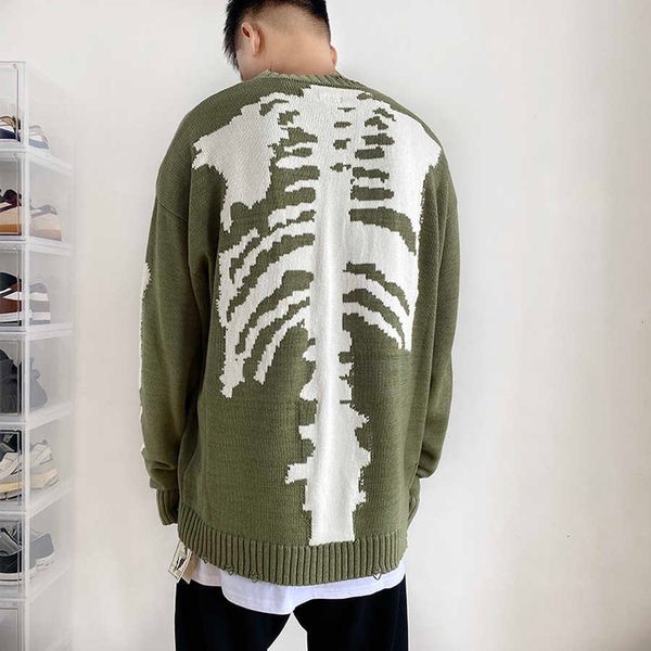 

men's sweaters damage hole distressed kapital sweater men women autumn winter skeleton bone printing vintage green knit pullovers kjor, White;black