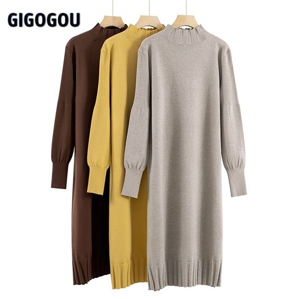 Lässige Kleider GIGOGOU Übergroßer langer Strickfrauen-Maxipullover Warmer Rollkragenpullover Lose Tunika High Street Baggy Midi-Pullover 220913