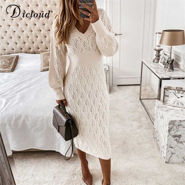 DICLOUD Beige Pullover Kleid Frau Herbst Elastische Langarm V-ausschnitt Elegante Hohl Midi Party Kleider Gestrickte Mode 211221