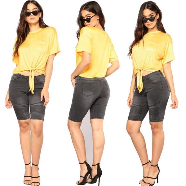 

women's jeans 2021 summer fashion all-match high street stretch black motorcycle denim pants five-point, Blue