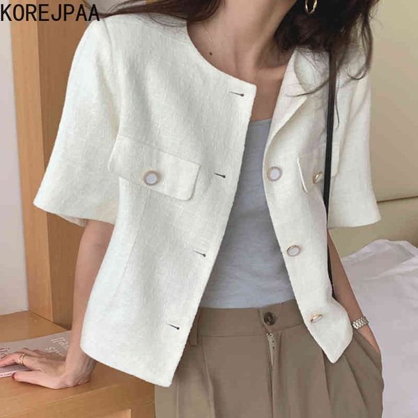

women jackets summer korean chic temperament round neck single-breasted solid color textured short-sleeved coat 210514, Black;brown