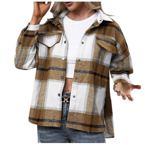 

women's jackets autumn single breasted pockets plaid turn-down collar long sleeve streetwear vestment femme, Black;brown
