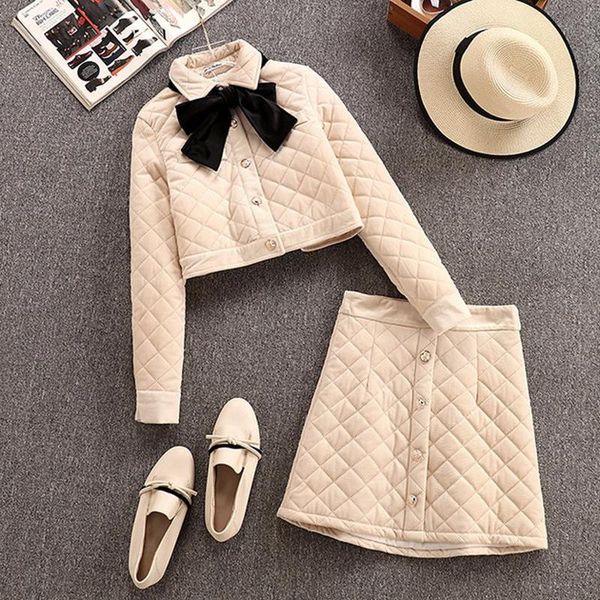 

two piece dress winter women 2 set plaid thicked warm bow short jacket coat + button mini a line skirt, White