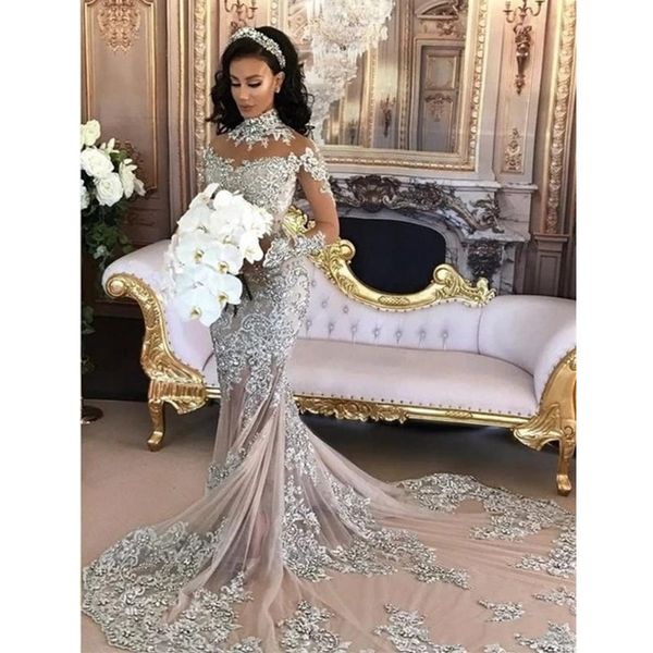 Designer di lusso cristalli maniche lunghe abiti da ballo abiti da sposa strass abito da sposa arabo collo trasparente vestidos de novia