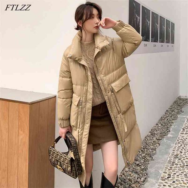 

winter women warm thick long puffer jacket 90% white duck down coat stand collar zipper casual parkas 210430, Black