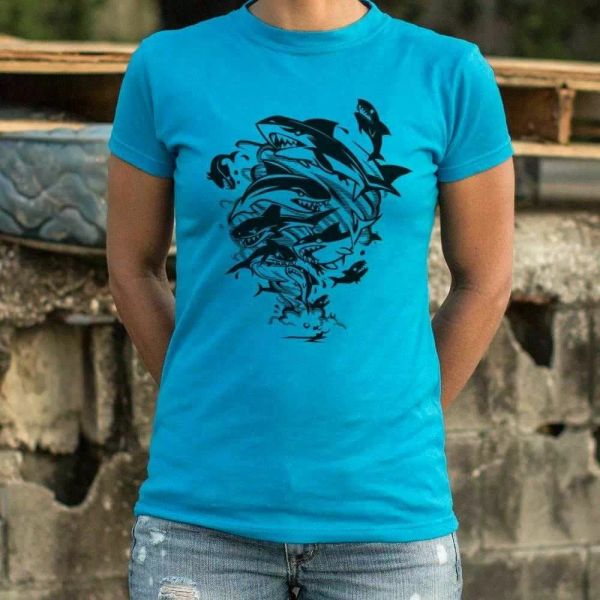 

sharks in a tornado t-shirt | short sleeve graphic tee for women, White;black