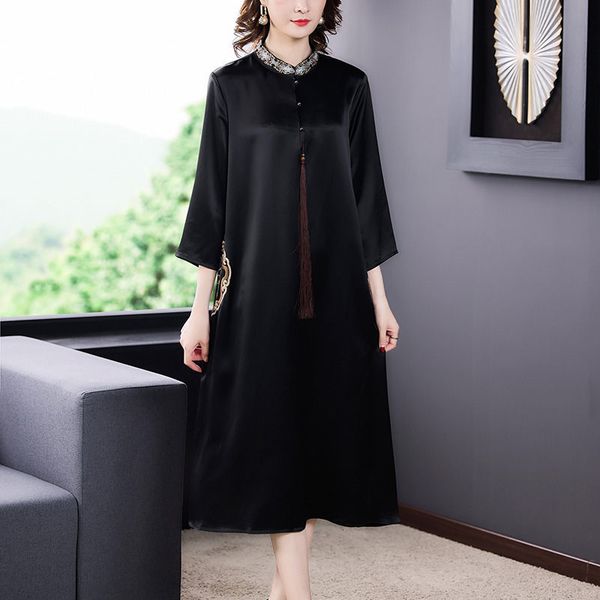 

satin acetate spring 2021 female high-end long black temperament retro-loose goatee femme dress zh139 775s, Black;gray
