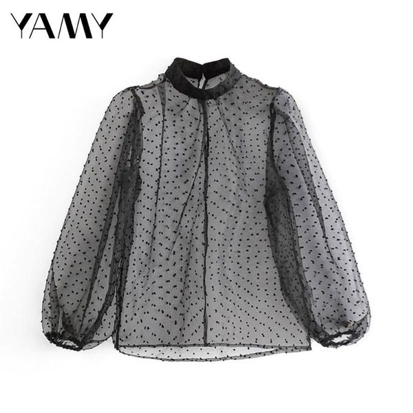 

women's blouses & shirts fasihon trend retro women ins style round neck polka dot long lantern sleeve perspective shirt summer whit, White