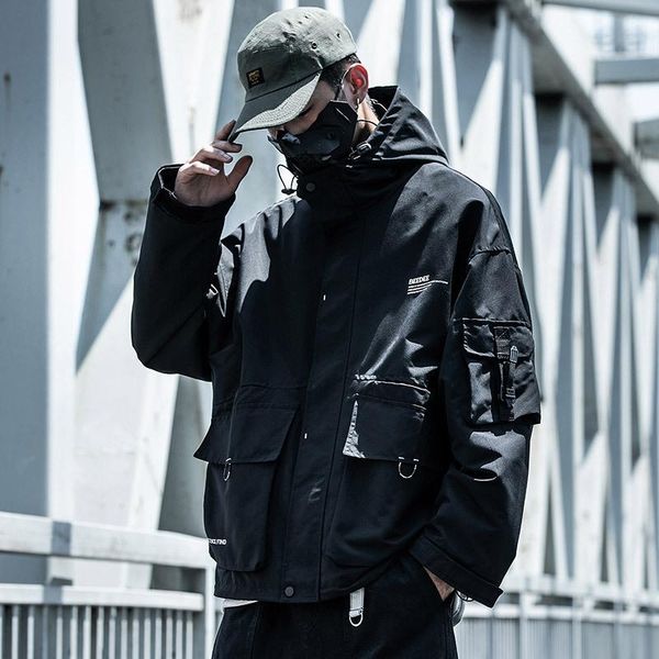 

men's jackets functional fan energy wind tooling jacket male loose trendy brand ins spring multi-pocket hooded, Black;brown