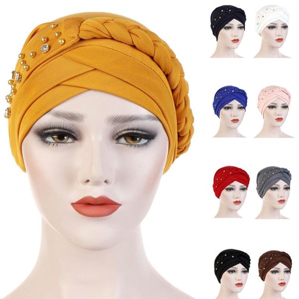 

women beads muslim hijab turban braid head wrap cover cancer chemo islamic cap hat hair loss under scarf bonnet beanies arab ethnic clothing, Red
