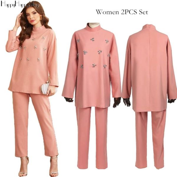 

2 pieces set for women muslim pullovr long pants rhinestone abaya suit malaysia morocco party clothing modesty costumes, White