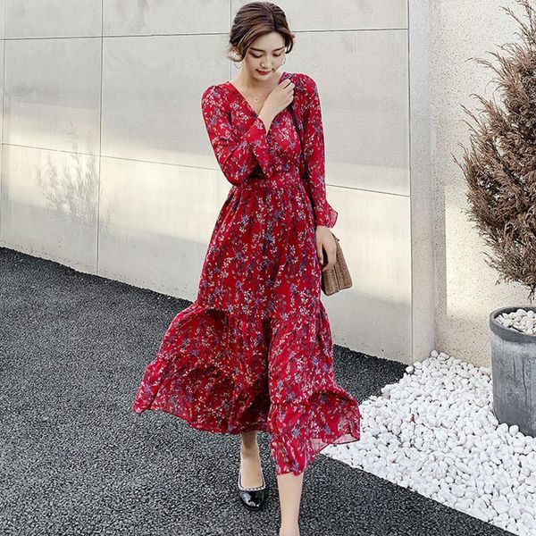 

casual dresses vintage empire waisted v-neck bohemian dress women long flare sleeve midi ruffle floral chiffon robe longue, Black;gray