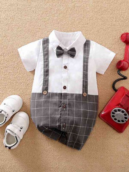 

yierying baby colorblock plaid button bow front suspender romper she, Blue