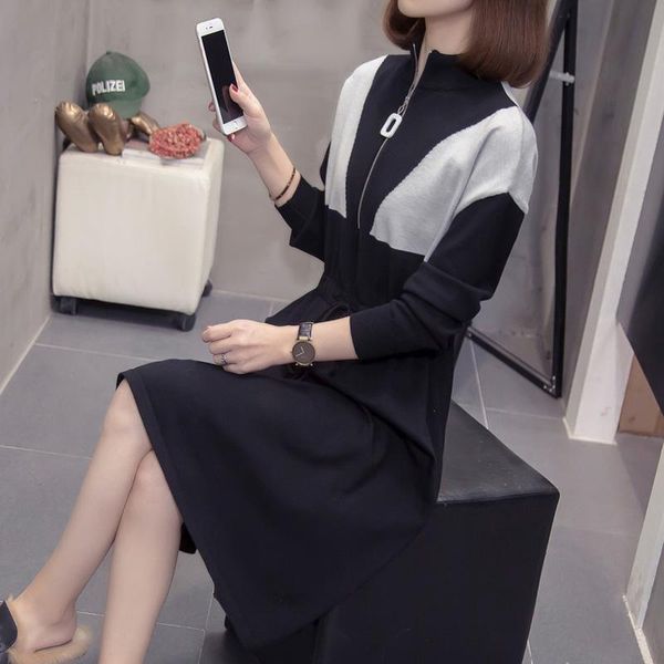 

casual dresses large size fashion dress female autumn winter sweater long sleeve pullover vestidos de festa womens clothing, Black;gray