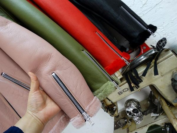 

women's leather & faux natural sheep fur one luxury asymmetric inclined zipper women warm coat, Black