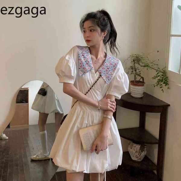 

ezgaga summer new korean fashion floral dress women puff short sleeve lapel platycodon grandiflorum slim bandage elegant dresses 210430, Black;gray