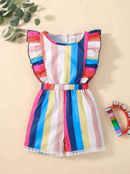 

baby rainbow striped ruffle trim embroidery mesh romper she, Blue