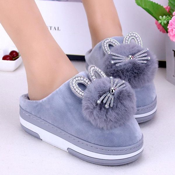 

plush cat slippers ladies winter indoor shoes fluffy for women thick bottom slide girls cute inside room, Black