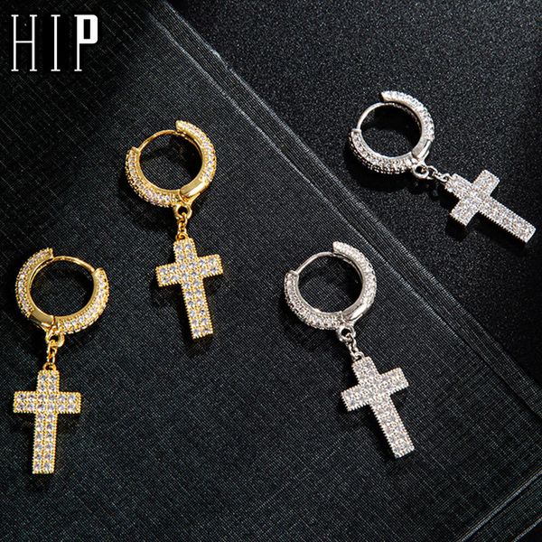 

hip hop cubic zirconia bling iced out cross earring gold copper earrings for men rock jewelry, Golden