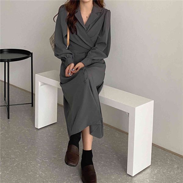 

casual dresses hzirip notched single breasted women suit minimalist autumn elegant ol long sleeve solid vestidos d58z, Black;gray