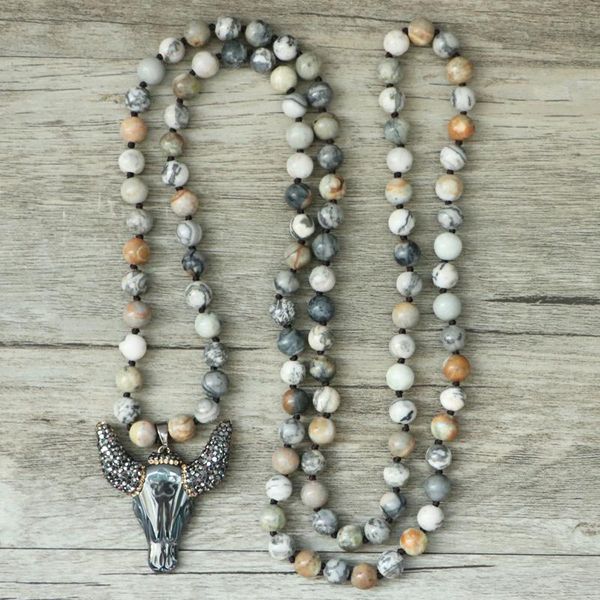 

pendant necklaces edothalia 8mm natural gray picasso stone bead for women and men lover's gift cattle head knotted long, Silver