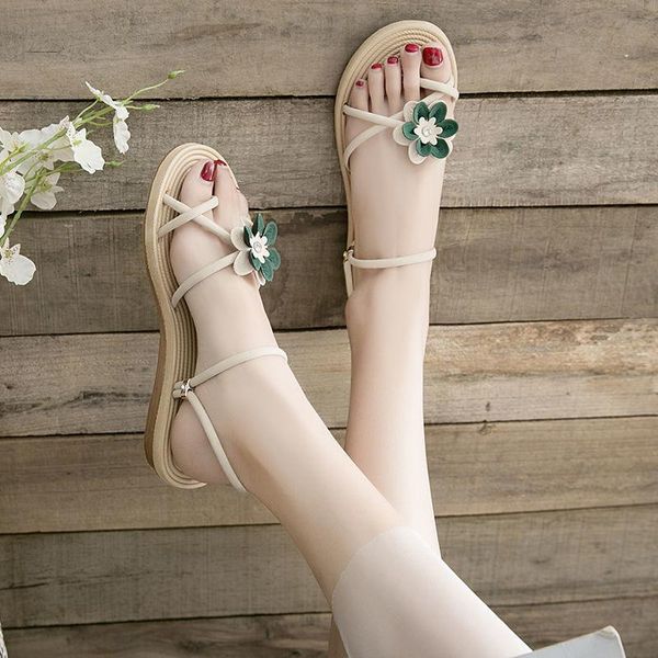 

sandals two wear 2021 summer beach flower slippers female outer ins tide flat bottom students all-match muller, Black