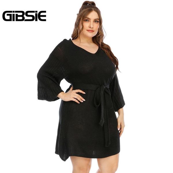 

plus size black knitted sweater dress with belt women autumn winter v-neck 3/4 flare sleeve casual ladies mini dresses, Black;gray