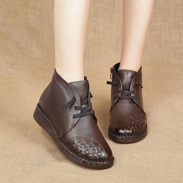 

boots retro leather knitting cow tendon sole skin cotton shoes soft anti slip flat bottom short, Black