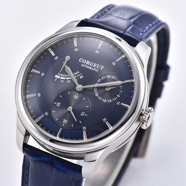 

wristwatches corgeut fashion brand 42mm power reserve men's watch blue dial steel case leather 316l automatic clock mechanical, Slivery;brown