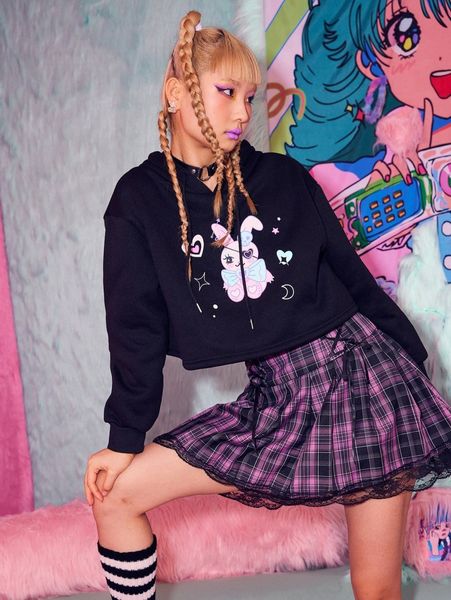 

romwe cartoon graphic drawstring crop hoodie i02w#, White;black