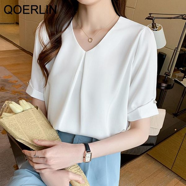 

women's blouses & shirts qoerlin 2xl women short sleeve solid white chiffon office blouse clothes and blusas mujer de moda 2021