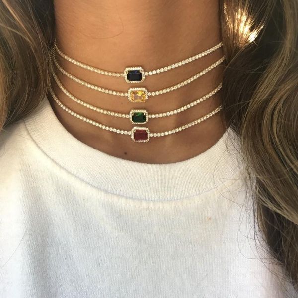 

40cm personality cz chocker necklace rainbow tennis chain colorful women collar link chic jewelry chokers, Golden;silver