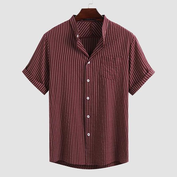 

men striped shirts short sleeve stand collar blusas cotton breathable buttons camisa summer harajuku buttons blouse incerun 5xl7, White;black