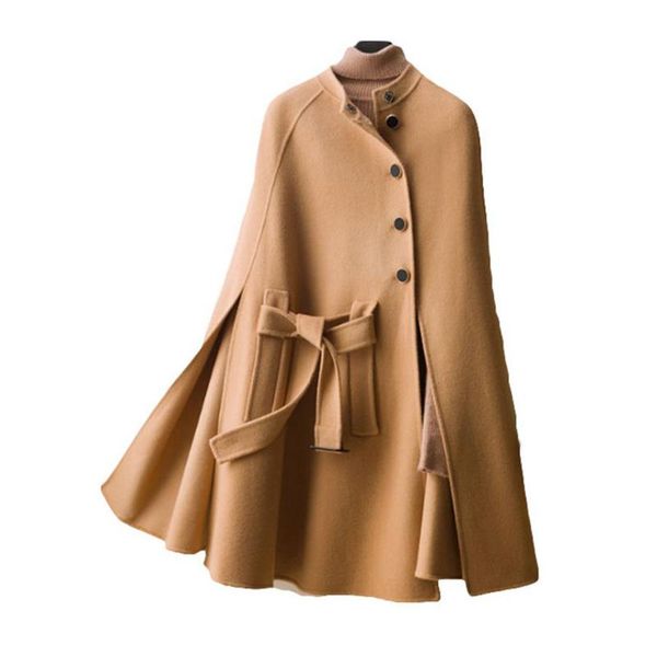 

women's wool & blends chic design women bandage solid plain mid length blend cloak coat fashion casual loose winter warm coats, Black