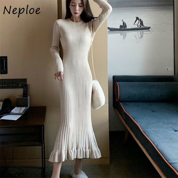 

simple slim fit high waist trumpet dress solid color all-match vestidos autumn winter o-neck knitted dresses women 210422, Black;gray