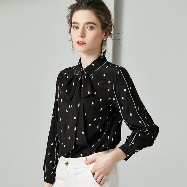 

capris 2021 spring summer fashion women turn-down collar color block print bow tie elegant black shirt silk blouses femme, Black;gray