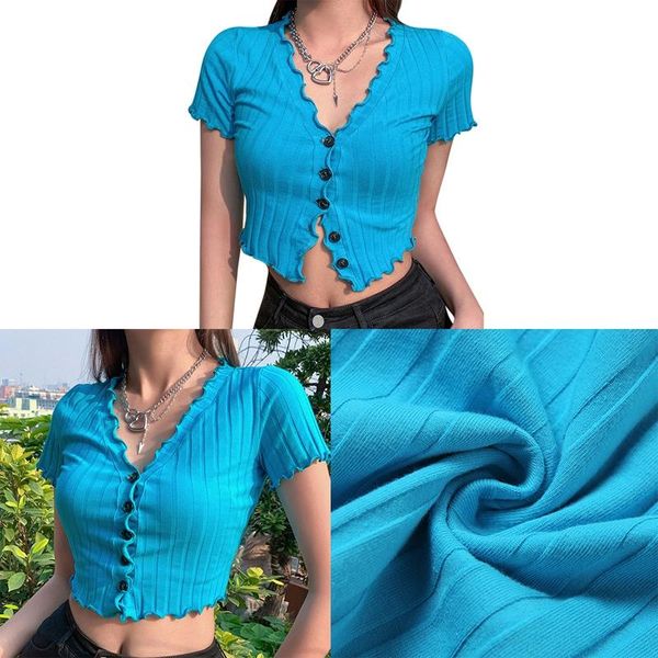 

women's t-shirt solid color v-neck short cardigan slim blue, White