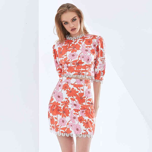

two piece dress twotwinstyle lace print floral set for women puff sleeve high waist skirts elegant sets womens clothing da7c, White