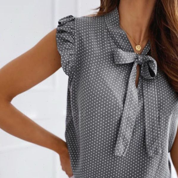 

womens shirts 40 women shirt bowknot polka dot ruffle frill sleeveless blouse office elegant neck and blouses, White