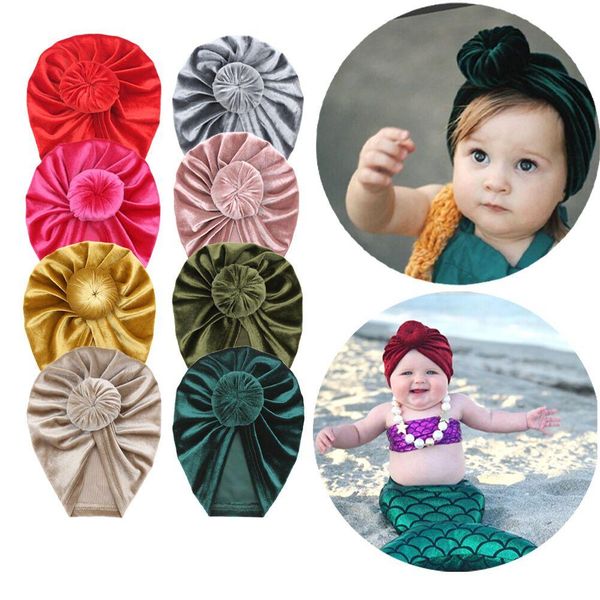 

baby velvet turban hats newborn solid color toddler cotton indian hat winter warm cute donut children caps, Slivery;white
