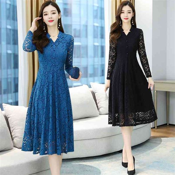 

spring autumn plus size vintage lace midi dresses women elegant bodycon black maxi dress party long sleeve runway vestidos 210528, Black;gray
