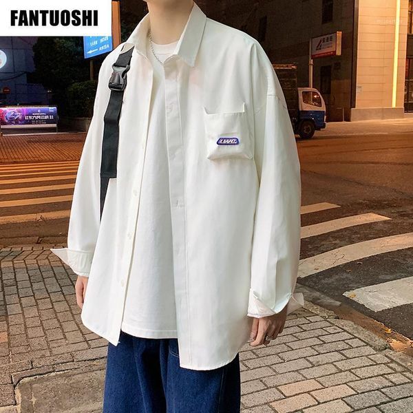 

men's solid color youth student shirt large loose long-sleeved lapel multi-color high-quality clothes casual shirts, White;black