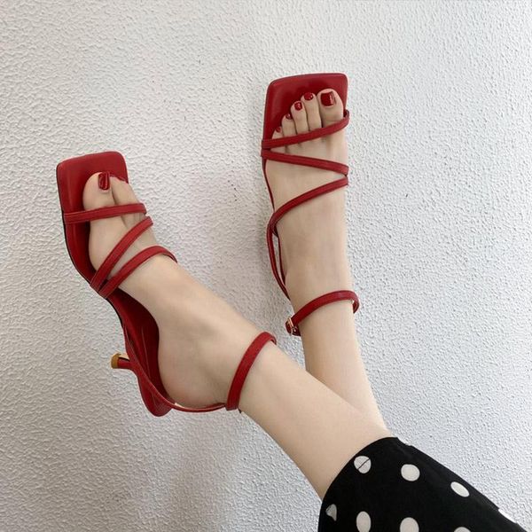

sandals women' female stilettos summer pumps square toe pu ankle buckle strap ladies mid heels fashion casual shoes 2021, Black