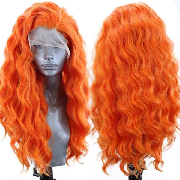

synthetic wigs fanxiton lace front high temperature fiber hair wavy orange color with natural part wig hailline, Black
