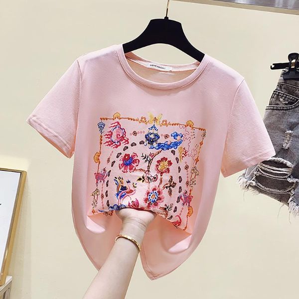 

women's t-shirt fashion flower print cartoon birds ice silk t shirt woman slim short sleeve o-neck s-xl summer clothes for women, White
