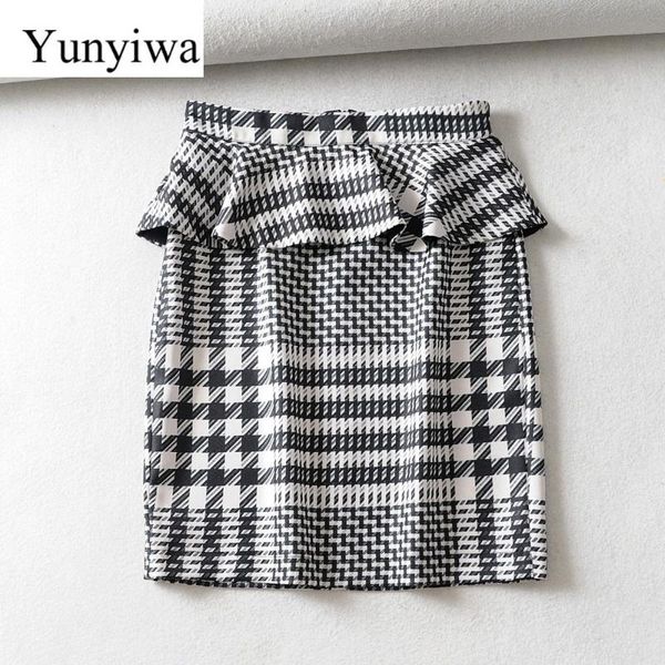 

skirts women vintage houndstooth print ruffles straight skirt faldas mujer ladies back zipper vestidos casual slim, Black