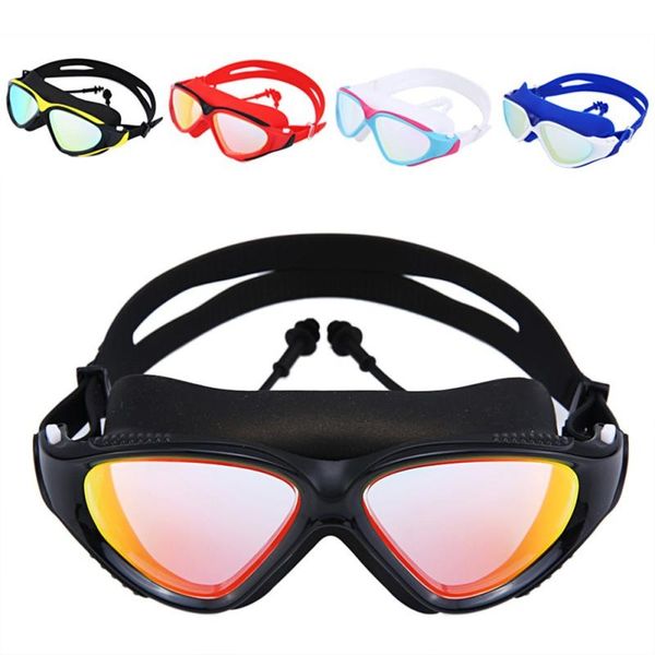 

men and women hd anti-fog waterproof colorful connected earbud goggles large frame swimming glasses flat diving masks